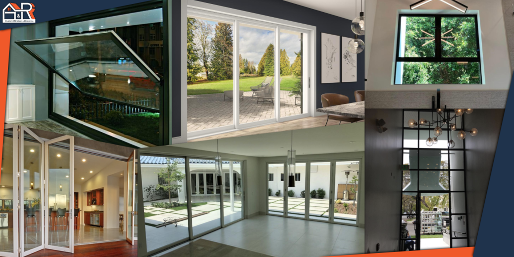 A collage of installations and window products. From top left to bottom right: Fleetwood pivot window, Milgard multi-sliding vinyl door, double casement over a picture window, LaCantina bifold door, Multi-sliding aluminum door, Glass storefront wall. 