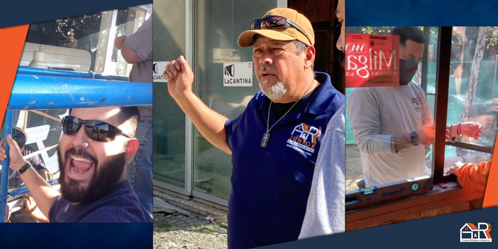A collage of 3 photos with A&R Employees on the job. On the left is Bryan Sauceda, sales specialist on a scaffold. In the center is Richard Sauceda, owner and founder, directing installation of LaCantina doors, and on the right is Bryan again, measuring the Egress opening on a Casement installation. 
