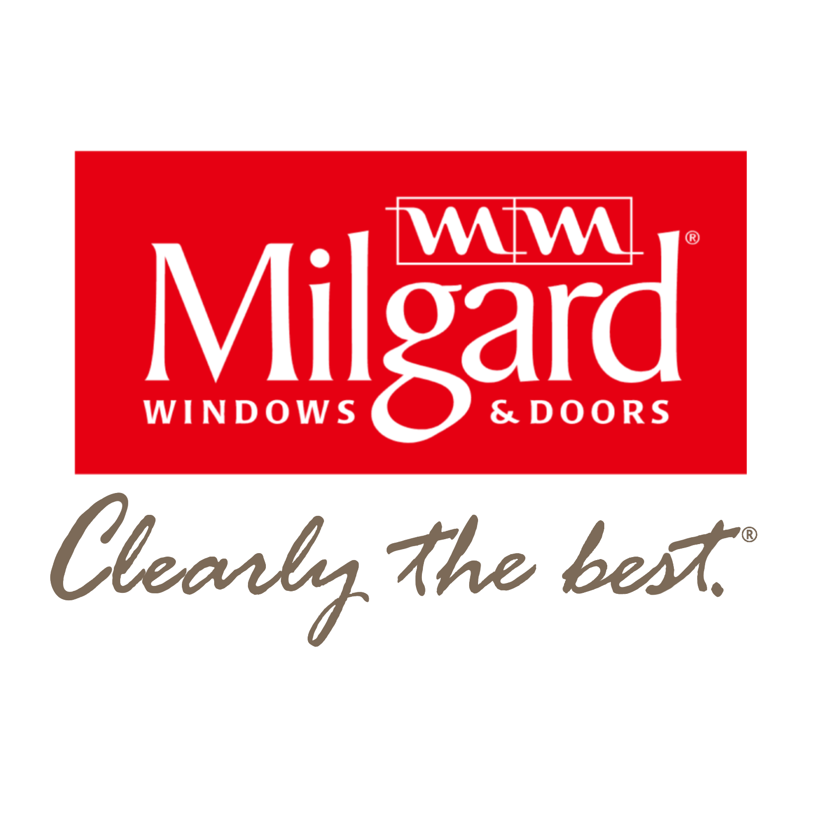 Milgard Logo with white text on a red background. Text reads Milgard Windows & Doors, Clearly the Best. 
