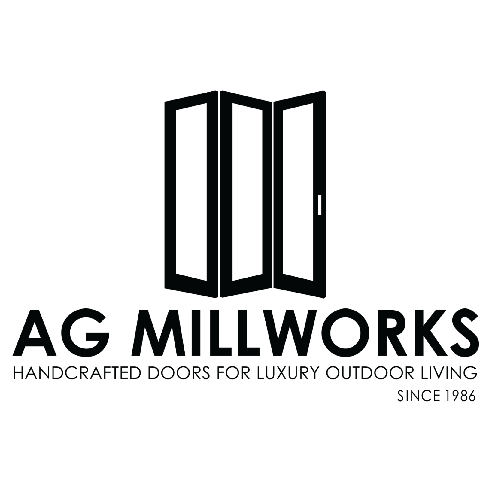 AG Millworks logo. Black text reads Handcrafted doors for luxury outdoor living, since 1986.