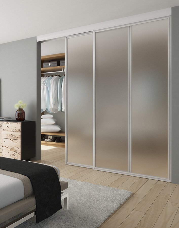 Sliding 3-panel closet door with frosted privacy glass. 