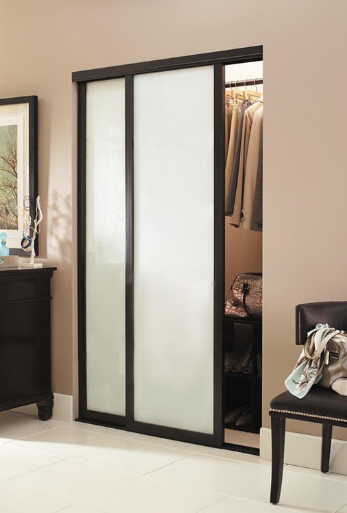 Sliding 2-panel closet door with frosted privacy glass. 