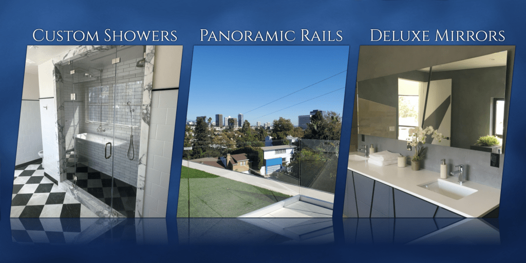 A showcase of a custom shower, a panoramic glass railing on a patio with a city view, and a custom styled bathroom mirror with a diagonal cut. 