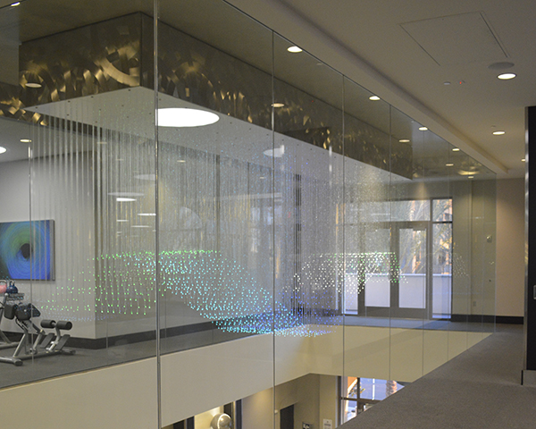 Glass dividing wall lining a hallway