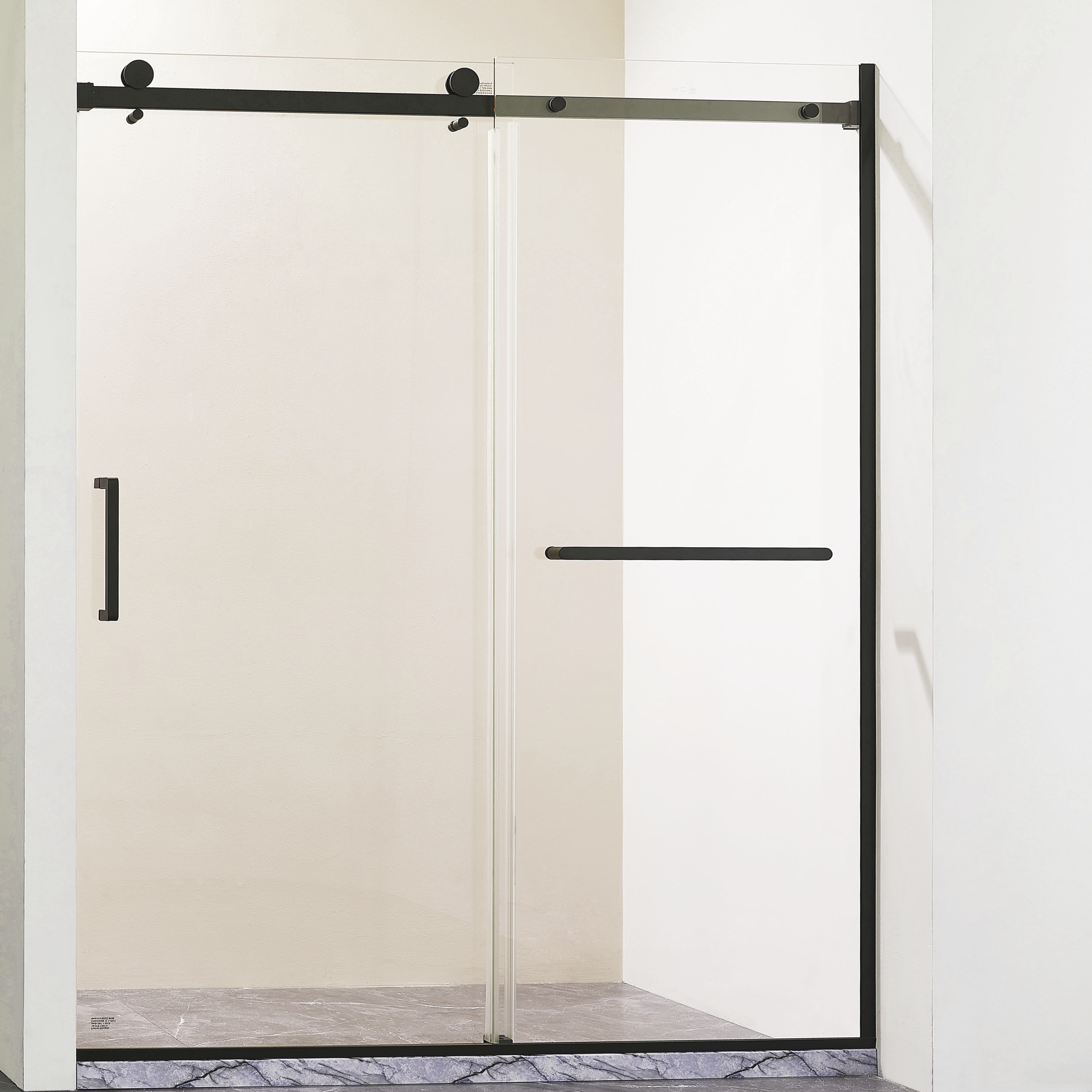 Single sliding glass shower set with black hardware and top roller track.